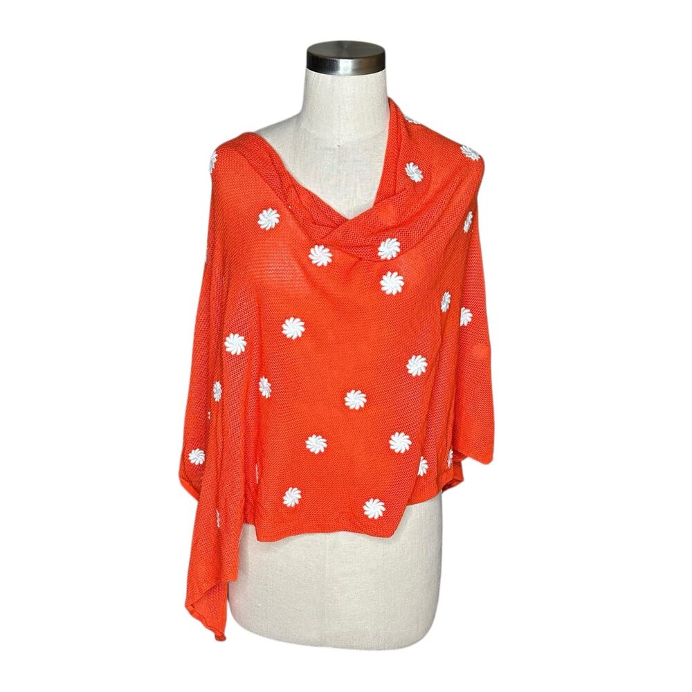 MINNIE ROSE Orange‎ Crochet Knit Embroidered Floral Poncho Women's One Size